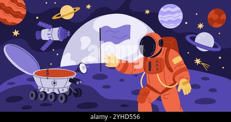 People in space. Astronaut on new planet surface. Galaxy discoverer in spacesuit. Cosmos exploration. Moon rover and station. Cosmonaut spacewalk. Spa Stock Vector
