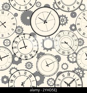 Clock faces seamless pattern. Roman and Arabic numerals watch dials. Repeated print retro design. Steam punk style. Mechanical chronometer. Hour and m Stock Vector