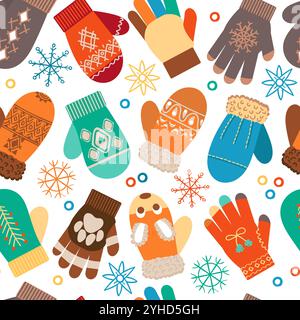 Cartoon mittens and gloves seamless pattern. Winter woolen accessories. Warm wintertime clothes. Knitted things. Repeated print. Cold season clothing. Stock Vector