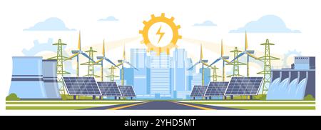 Alternative renewable energy resources. Green natural power stations different types. Windmill generators. Solar panels. Eco technologies. Nuclear gen Stock Vector
