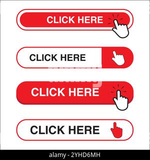 White and red click here button with a hand clicking on a white background Stock Vector
