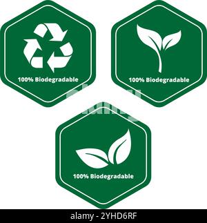 Green 100% biodegradable signs on a white background Stock Vector