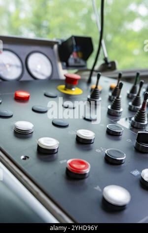Close-up of an industrial control panel with various buttons, Hermann Hesse railway track construction, Calw district, Black Forest, Germany, Europe Stock Photo