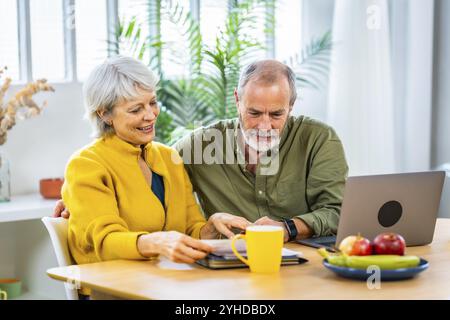 Relaxed senior couple doing paperwork and household accountability together using laptop and drinking coffee Stock Photo