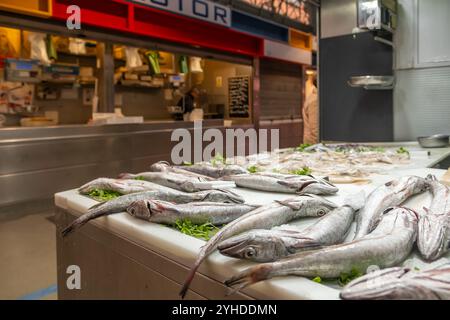 Close-up of fresh fish on a market stall in the central Atarazanas market in Malaga, Spain. Stock Photo