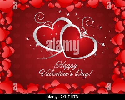 Valentine's Day card featuring two hearts and a silver border. The card reads "Happy Valentine's Day!" in bold letters. The card is red and gold, with Stock Vector