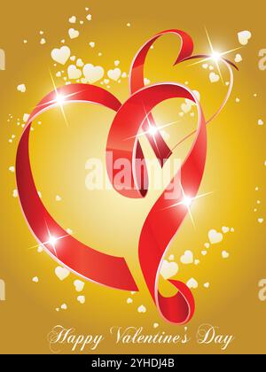 Heart-shaped ribbon with two hearts and a yellow background. The ribbon is made of red ribbon and it is shaped like a heart. The background is yellow Stock Vector