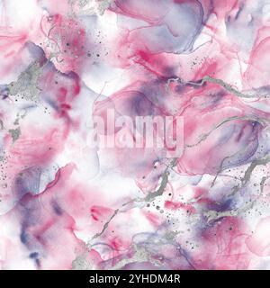 Abstract watercolor liquid stain luxury background. Hand drawn pink, blue fluid and silver stains, splashes seamless pattern. Watercolour texture. Pri Stock Photo