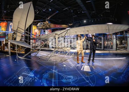 [Army and Society Gallery] FORT BELVOIR, Virginia — The Wright Army Flyer exhibit in the Army and Society Gallery at the National Museum of the United States Army showcases the aircraft that launched military aviation. This aircraft represents the Wright brothers' Model A Military Flyer, which became Signal Corps Airplane No. 1 in 1909. The exhibit demonstrates the beginning of the Army's air power and its impact on military operations. Stock Photo