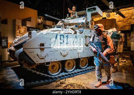 FORT BELVOIR, Virginia — The Bradley Fighting Vehicle exhibit at the National Museum of the United States Army showcases both M2 and M3 variants. The display features technical specifications and combat modifications, including an M2A3 Bradley equipped with reactive armor and electronic warfare systems used in Mosul, Iraq. The exhibit demonstrates the vehicle's evolution in modern urban warfare. Stock Photo