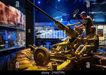 FORT BELVOIR, Virginia — The Nation Overseas Gallery's anti-aircraft artillery exhibit at the National Museum of the United States Army showcases World War II air defense weapons and tactics. The display features information about the .50 caliber Browning machine gun and Bofors 40mm cannon, primary weapons in America's anti-aircraft arsenal. The exhibit includes documentation of anti-aircraft operations in both the Italian and French campaigns of 1944. Stock Photo