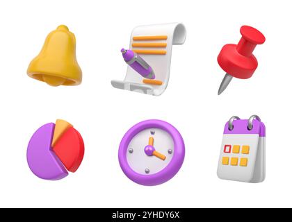 3d business icons. Work laptop. Coffee and clock. Finance calendar date. Job time bell. book and briefcase. Office document signature. Stationery pin. Stock Vector