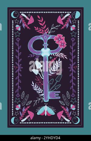 Boho poster. Tarot card. Witch magic key. Mystic mole. Esoteric celestial design. Medieval latchkey. Mushroom potion and crystal gems. Spiritual flowe Stock Vector