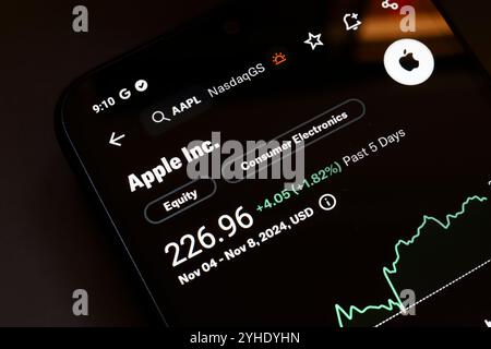 November 11, 2024, Brazil. In this photo illustration, the Apple stock market is displayed on a smartphone screen. Stock Photo