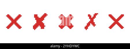 Set of Pixelated Red X Icons in Various Forms. Error or Cancel Symbols Collection in Pixel Art Style. Denial and Cancellation Icons for UI Retro Stock Vector