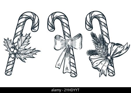 Christmas striped stick candy with bow ribbon isolated on white background. Hand drawn sketch vector illustration. Holiday xmax decoration, sweet gift Stock Vector