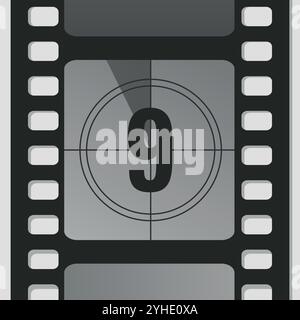 Countdown film strip frame with number nine. Retro cinema movie timer counter. Vector illustration Stock Vector