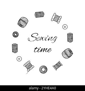 Sewing Classes Logo. Threads Spools Wreath. Needlework Circle Frame, Border. Hand drawn Vector illustration. Vintage Line art. Stock Vector
