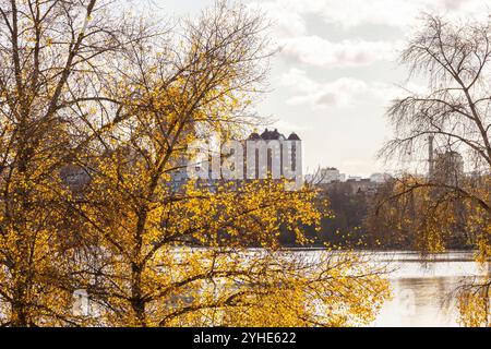 Residential buildings on the other side of the river. Gray sky with clouds. Trees with yellow leaves and trees without leaves. Stock Photo