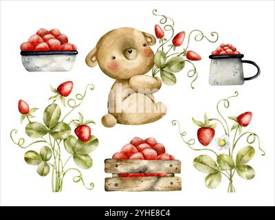 Hand-drawn, watercolor set with cute teddy bear with bouquet of strawberries, bright strawberry bushes, wooden rustic box with strawberries, plate wit Stock Vector