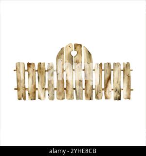 Hand-drawn, watercolor illustration with garden wooden rustic fence with gate Stock Vector