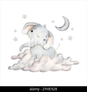 Safari watercolor hand-drawn illustration with baby elephant, clouds, moon and stars for kids Stock Vector