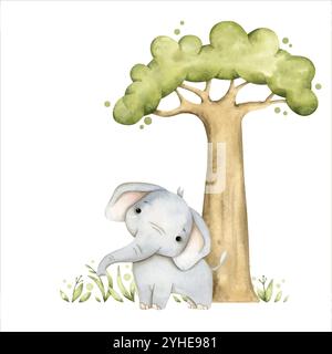 Safari watercolor hand-drawn illustration with baby elephant and baobab on grass for kids Stock Vector