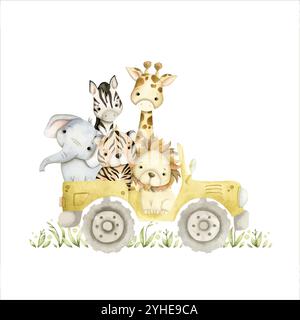 Safari watercolor hand-drawn illustration with baby elephant, lion, tiger, zebra, giraffe on safari pickup car for kids Stock Vector