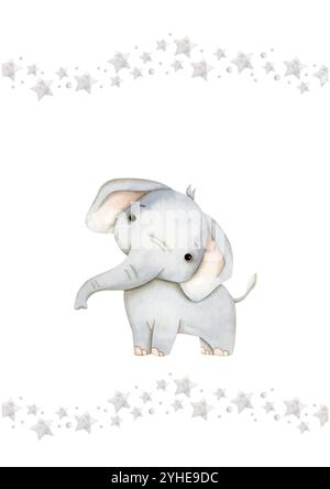 Safari watercolor hand-drawn illustration with baby elephant and stars for kids. Template for greeting cards or invintations Stock Vector