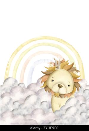 Safari watercolor hand-drawn illustration with baby lion, clouds and rainbow for kids. Template for greeting cards or invintations Stock Vector