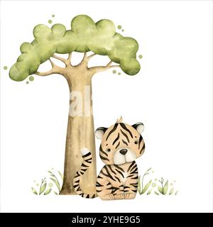 Safari watercolor hand-drawn illustration with baby tiger and baobab on grass for kids Stock Vector