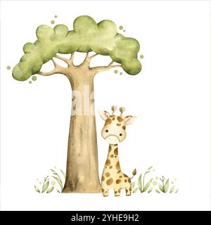 Safari watercolor hand-drawn illustration with baby giraffe and baobab on grass for kids Stock Vector