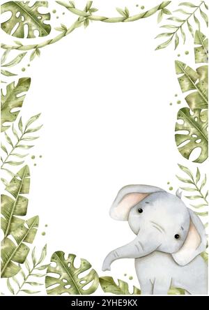Safari watercolor hand-drawn illustration, frame with baby elephant and tropical leaves, creeper for kids Stock Vector