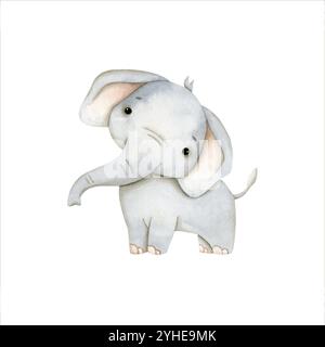 Safari watercolor hand-drawn illustration with baby elephant for kids Stock Vector