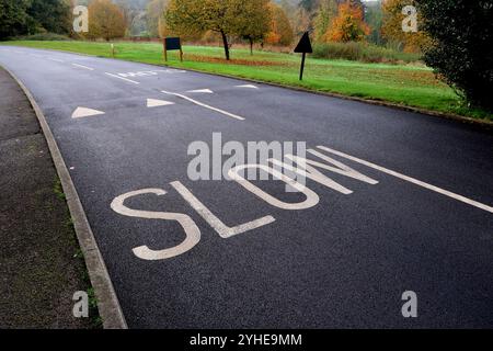Speed humps and slow sign on the access road to Heythrop Park hotel and golf course, Oxfordshire. Stock Photo