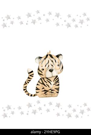 Safari watercolor hand-drawn illustration with baby tiger and stars for kids. Template for greeting cards or invintations Stock Vector