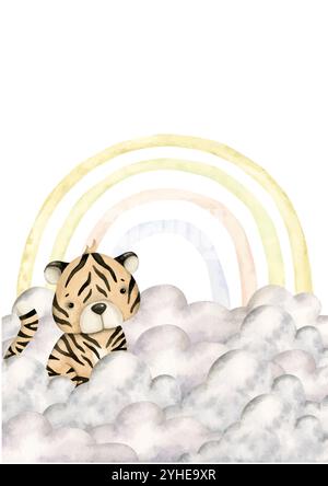 Safari watercolor hand-drawn illustration with baby tiger, clouds and rainbow for kids. Template for greeting cards or invintations Stock Vector