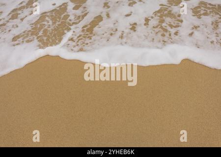 Background close-up of ocean waves rolling on the sand on the beach, with a sand texture. Sandy beach by the sea. A deserted area. Realistic seamless Stock Photo