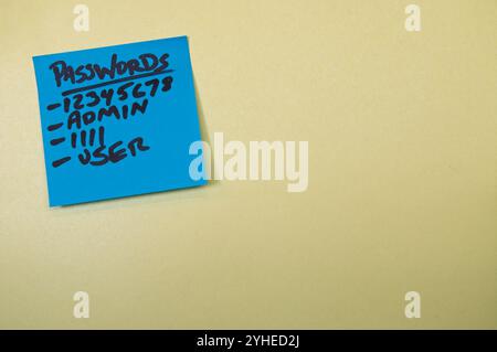 Password list on a blue sticky note Stock Photo