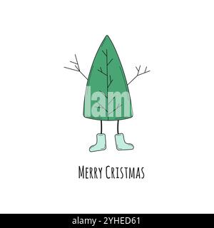 Christmas tree. Simple minimalist green pine tree for winter holidays greeting cards, banners, posters. Doodle vector illustration. Stock Vector