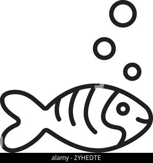 Fish and air bubbles, black editable stroke, line thickness 100px, sign size 3400x3400 px, vector single monochrome illustration, nautical pictogram Stock Vector