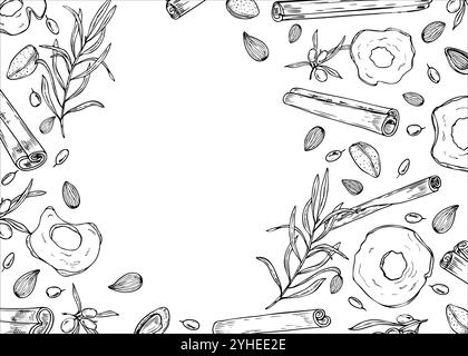 Cinnamon sticks, almond seeds, dried apple slices and sea buckthorn vector horizontal frame painted by black inks. Winter ingredients monochrome Stock Vector