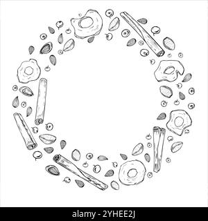 Cinnamon sticks, almond seeds, dried apple slices and berries vector round wreath painted by black inks. Winter ingredients monochrome frame Stock Vector