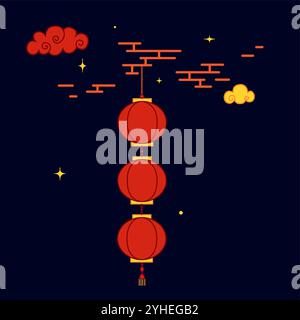 CNY, happy new year chinese holiday celebration. Night vector cartoon composition with lantern and clouds.  Vector in flat style Stock Vector