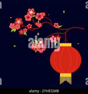 Chinese new year composition with cartoon red lantern on sakura blossom branch at night. Sumi e style. Flayer, leaflet, celebration poster, placard de Stock Vector