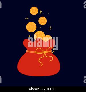 Asia red bag envelopes filled with gold ingots and coins. CNY elements isolated on dark background, suitable for wealthy Chinese new year decoration. Stock Vector