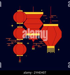Composition of Chinese New Year red paper lanterns. Illumination bright red color. Different forms. Vector Cartoon illustration isolated on a dark bac Stock Vector