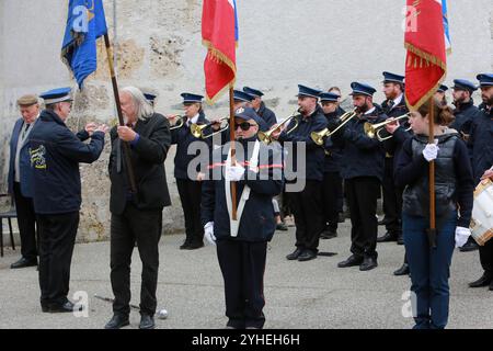 Batterie fanfare 'La Renaissance'. Commémoration de l'Armistice. Lundi 11 novembre 2024 11h30. Saint-Gervais Mont-Blanc. Haute-Savoie. Auvergne-Rhône- Stock Photo