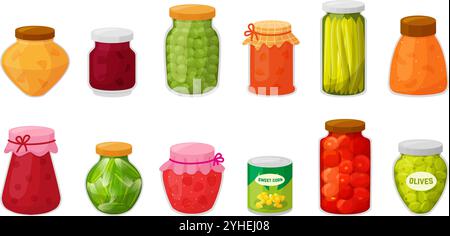 Cartoon canned food. Vegetables preserves, homemade marmalade compote glass jars. Tomatoes pickles olives corn fruits neoteric vector clipart Stock Vector