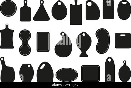 Cutting boards black silhouettes. Kitchen equipment for cut food products and serving. Different board shapes for logo, badges neoteric vector set Stock Vector